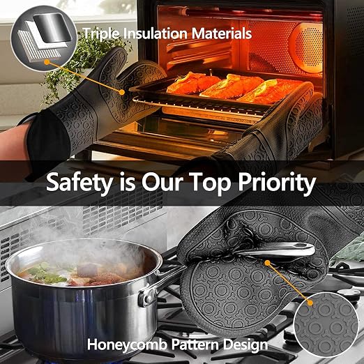 6pcs Silicone Oven Mitts and Pot Holders Sets for Kitchen, Gray | 500°F heat resistant, cotton lining, honeycomb non-slip texture, 15-inch forearm protection, baking cooking gloves