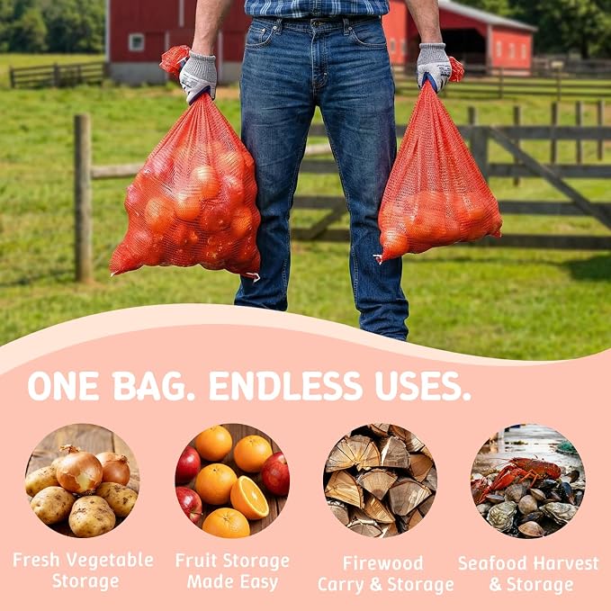50 Pack Extra Large Drawstring Mesh Produce Bags 31" x 19" Reusable Breathable Vegetable Storage Bags for Onions Potatoes Firewood Crawfish Citrus, 60 lb Capacity