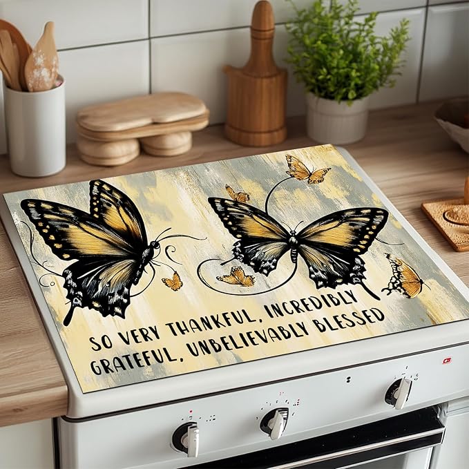HOMETITUTE Spring Stove Top Covers for Electric Stove 28x20 Inches Butterfly Artwork Heat Resistant Glass Cooktop Pad Decorative Stovetop Cover for Kitchen Coffee Bar Decor