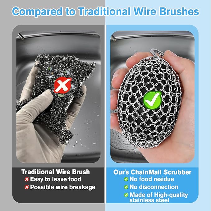 Cast Iron Scrubber Chainmail Set – 316 Stainless Steel Dish Scrub Brush for Cast Iron Skillet Pan Cleaner, Dutch Oven, Wok & Non-Stick Cookware | Dishwasher Safe – 2Pack