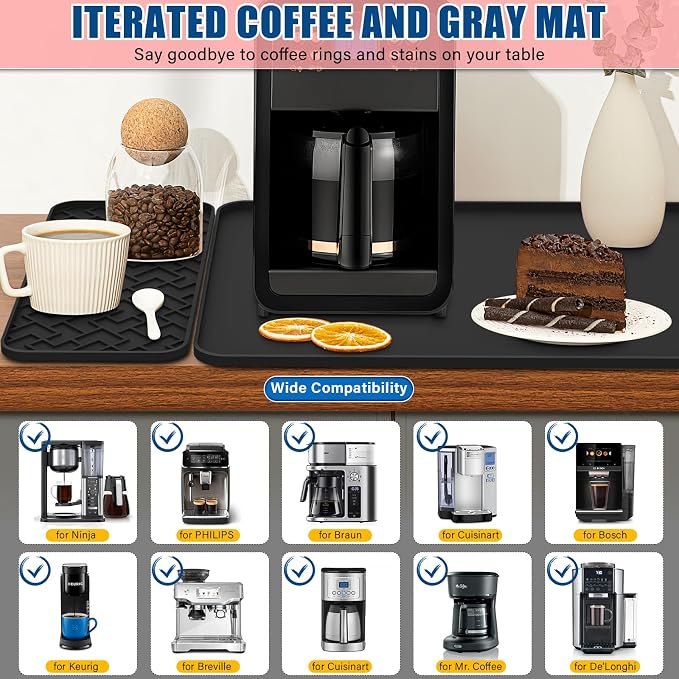 Coffee Mat, 19" x 12" Silicone Coffee Bar Mat, Non-Slip Espresso Machine Mat with 0.44" Raised Edges, Waterproof Heat Resistant Countertop Protector, Dishwasher Safe