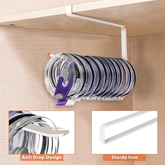Tumbler Lid Organizer, Versatile Tumbler Lid Storage Holds 10 Lids, White | Space Saving Cup Lid Organizers Inside Cabinet Tumbler Lid Hook for Kitchen Organizer and Storage, Paper Towel Rack Hanger