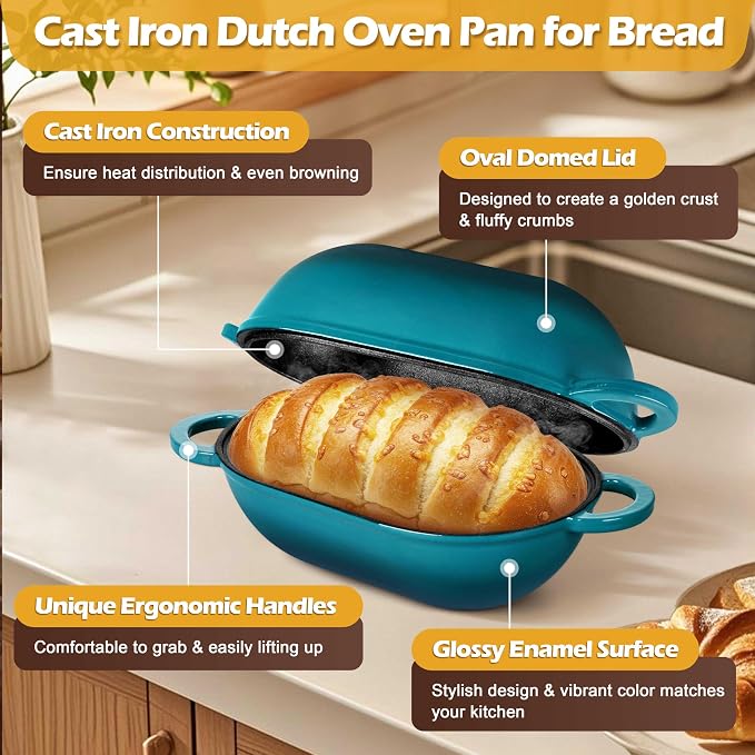Homikit Enameled Cast Iron Dutch Oven for Bread Baking, 2.8 QT Oval Bread Oven Pot with Lid, 9.5 x 5.7 Inch Sourdough Loaf Baking Pan for Homemade Bread, Heavy Duty & Oven Safe, Dark Green