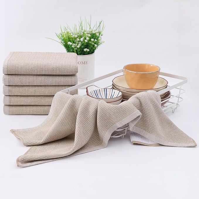 Homaxy 380 GSM Cotton Premium Kitchen Towels 8 Pack, 18"x 28", Khaki | Flat and Terry Dish Towels, Highly Absorbent Tea Towel Set with Hanging Loop, Soft Utility Kitchen Hand Towels