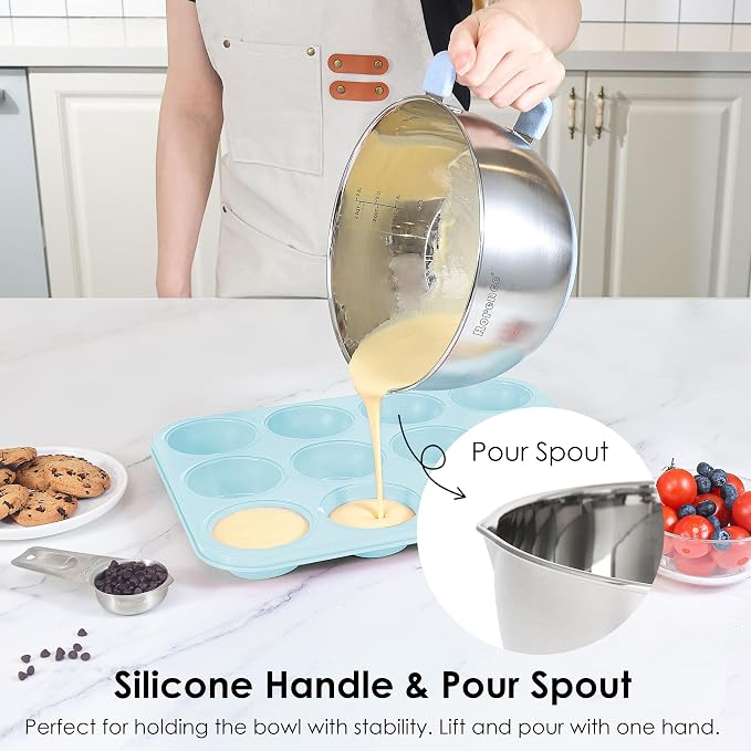 Stainless Steel Mixing Bowls Set with Lids,1.5,3 & 5 Qt,Light Blue | Non-Slip Silicone Base,Precision Pour Spout,Ergonomic Easy-Grip Handle,Measurement Marks,Airtight Lids,Cooking & Meal Prep