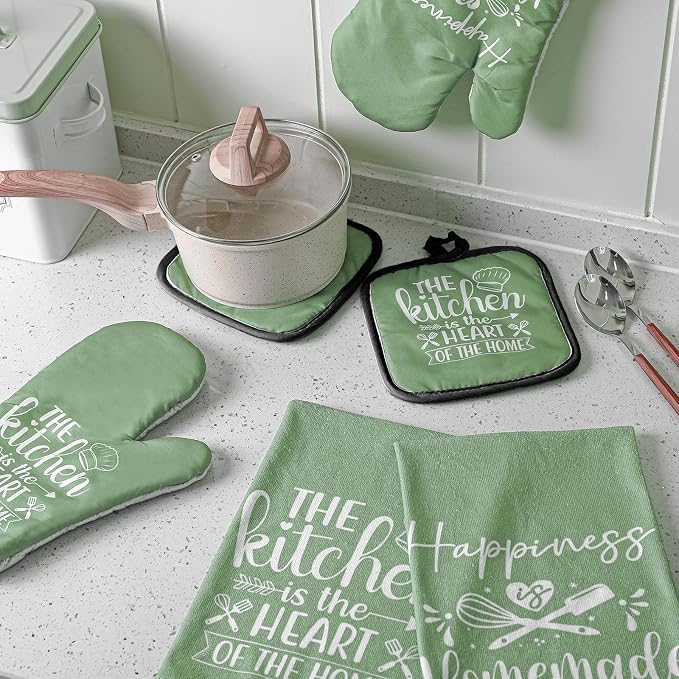 Sratte 6 Pcs Kitchen Decor Accessories Set, Kitchen, Sage Green | Farmhouse Kitchen Towels Pot Holders Oven Mitts Set 2 Dish Towels 2 Potholders 2 Cooking Mittens for Baking Cooking Supply
