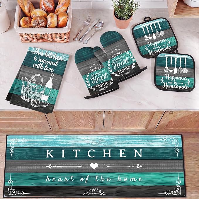 10 Pcs Kitchen Decor and Accessories Set, Teal Turquoise | 4 Dish Towels Kitchen Rugs 2 Oven Mitts 2 Pot Holders, Home Decor for Cooking Baking BBQ Gifts Women Mom Housewarming