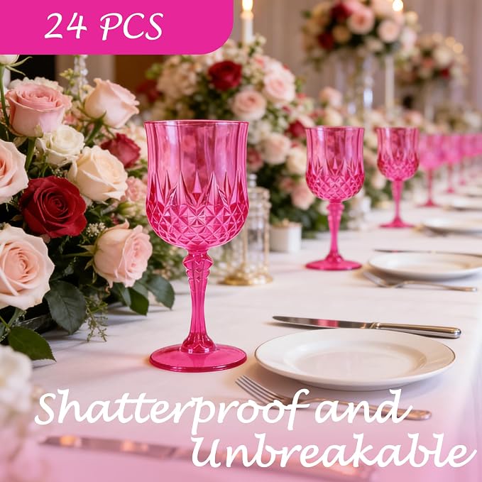 24Pack Plastic Wine Glasses, 7oz Vintage Goblets for Wedding | Unbreakable Crystal Style Reusable Stemware, Elegant Hot Pink Drinking Glass for Party Anniversary & Holiday Celebration