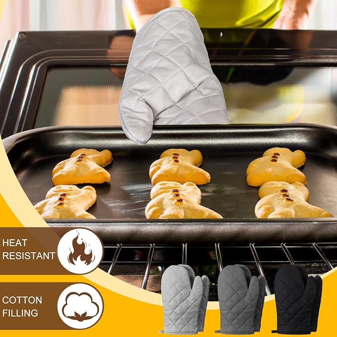 Geyoga 12 Pairs Oven Mitts Heat Resistant Kitchen Long Oven Gloves Mitts Thick Cotton Winter Quilted Baking Flexible Glove Bulk for Cooking BBQ Picnic Kitchen Grilling 10.6 Inch(Black Gray Color)