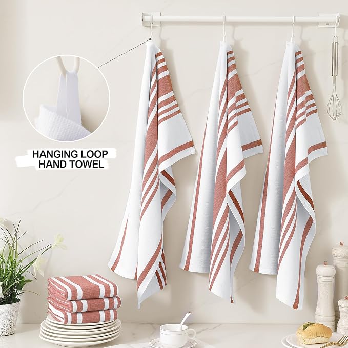 Homaxy Premium Cotton Stripe Kitchen Towels 8 Pack, 18"x 28", Rust | Large 380 GSM Kitchen Hand Towels, Soft Terry Dish Towels, Highly Absorbent Tea Towel Set with Hanging Loop