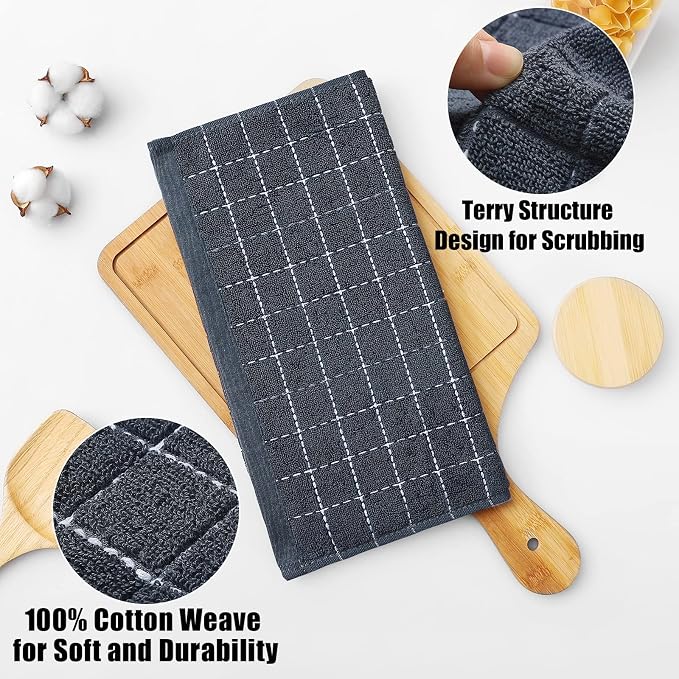 Homaxy 100% Cotton Terry Kitchen Dish Cloths, 8 Pack, Dark Grey | Ultra Soft and Absorbent, Suitable for Drying and Washing Dishes