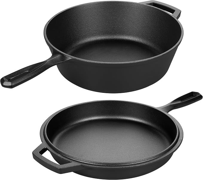 VORRINGARD Pre-seasoned Cast Iron Double Dutch Oven Pot with Skillet Lid, for Bread Baking, Outdoor, Campfire Cooking, 3 Quart