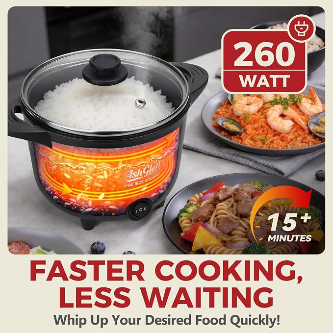 AshGlen Small Rice Cooker 2-Cup uncooked/ 4-Cup Cooked, Mini Hot Pot Electric, Mini Electric Pot, Ceramic Rice Cooker, Small Rice Steamer, Noodle & Oatmeal Cooker, Dual Modes, Single Serve, Graphite