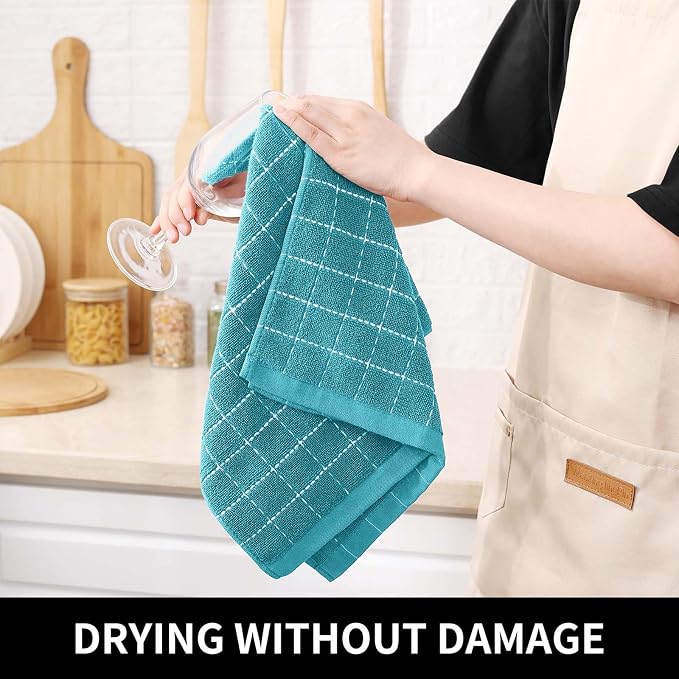 Homaxy Kitchen Towels and Dishcloths Set, Set of 16, Lake Blue | Bulk Cotton Terry Kitchen Towels, Checkered Designed, Soft and Super Absorbent Dish Towels, 12 x 12 and 13 x 28 Inches
