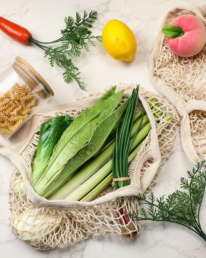 Eccliy 12 Pcs Reusable Mesh Grocery Bags Portable Cotton Produce Containers Washable Net Mesh Tote Bag Handle String Shopping(Beige)