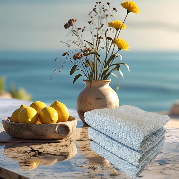 Light Baby Blue Kitchen Hand Dish Towels, Set of 3, 100% Cotton, 18" x 28" | Terry Loop Ribbed Textured, Soft & Absorbent Cleaning Cloth, Quick Dry, Multipurpose for Everyday Use