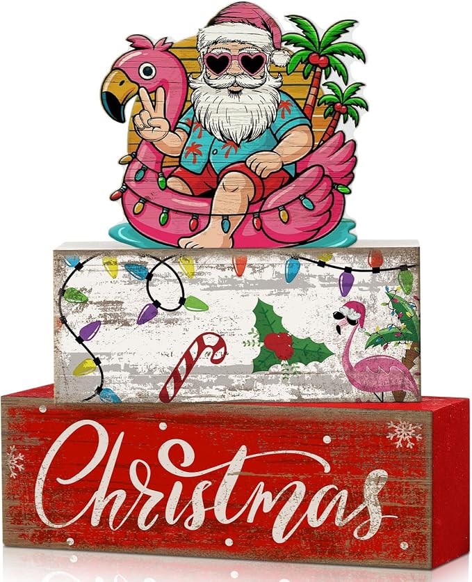 Lineshading 4 Pcs Christmas in July Table Decor Summer Santa Wooden Signs | Tropical Christmas Tiered Tray Decor Farmhouse Stacked Santa Flamingo Palm Tree Beach Party Supplies Shelf Home Office