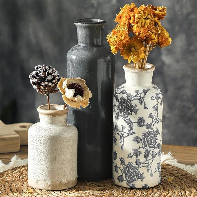 Ceramic Vintage Vase Set of 3, Vintage Flower Vases Home Decor Chinoiserie Decorative Retro Floral Vase Rustic Farmhouse Decor for Table Bookshelf Mantel Kitchen Living Room Office - Gray
