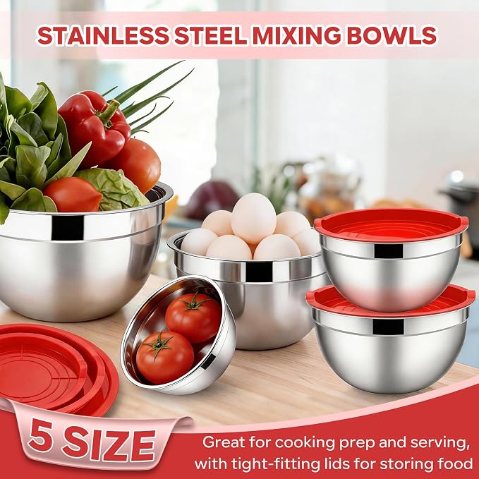 E-far Mixing Bowls with Lids Set, Stainless Steel Cooking Salad Bowls, Red | 10-Piece Metal Nesting Bowls with Airtight Lid for Kitchen Storage, Baking & Prepping, Dishwasher Safe, 0.7/1.5/2.1/3/4.6 QT