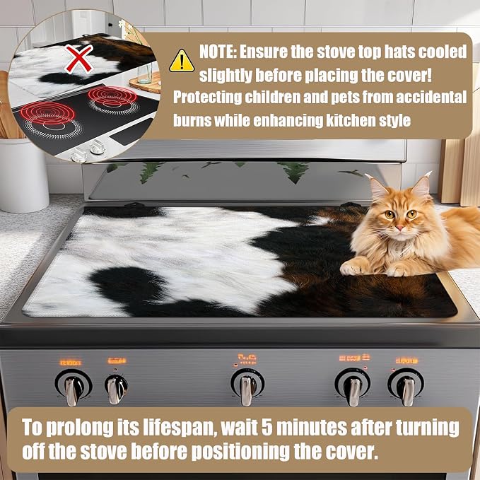 Brown Cowhide Stove Top Covers for Electric Stove, Cow Skin Electric Gas Stove Pad Heat Resistant Range Cooktop Protector for Home Decor Kitchen 28"x20"