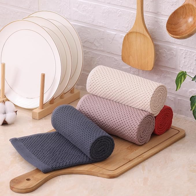 Kitinjoy 100% Cotton Waffle 12-Pack Kitchen Towels, 12" x 12", Multicolor | Ultra Absorbent, Super Soft, lightweight, Quick Drying Dish Rags for Washing Dishes