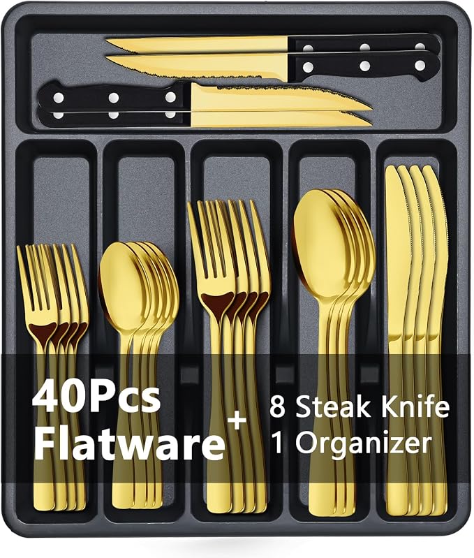 BEWOS 49-Piece Gold Silverware Set with Organizer - Stainless Steel Silverware Set for 8 with Drawer Organizer, Mirror Polished Flatware Set for Home and Restaurant, Dishwasher Safe