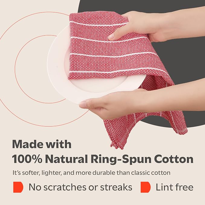 Zeppoli Classic Kitchen Towels - 6 Pack 100% Natural Cotton Towel Set, Reusable Wash Cloths, Absorbent Dish Towels, Machine Washable Hand Towels, Kitchen Essentials, 20� x 28� - Red VAR