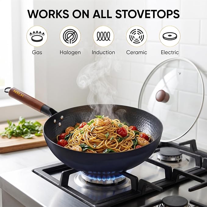 12.6 Inch Carbon Steel Wok Pan with Glass Cover, Pre-Seasoned Nonstick Flat Bottom Wok for Chinese Cooking, Woks & Stir-Fry Pans Cookware, Compatible with Induction, Electric, Gas & Halogen