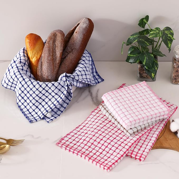 Homaxy Kitchen Towels and Dishcloths Set, Set of 16, Blue/Pink/Red/Brown | Cotton Terry Kitchen Dish Towels, Super Soft and Absorbent Dish Cloths, 16 x 25 and 12 x 12 Inches