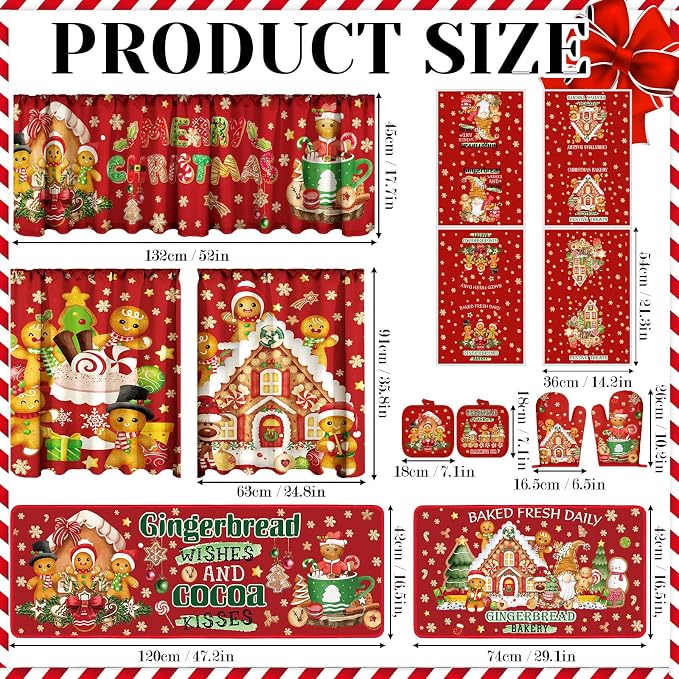13 Pcs Gingerbread Man Kitchen Set, Towel Rug Valance Mitts | Nonslip Rugs and Mats, Festive Valance with Baking Decor, Pot Holders Included, Gingerbread Theme Design, Holiday Cooking