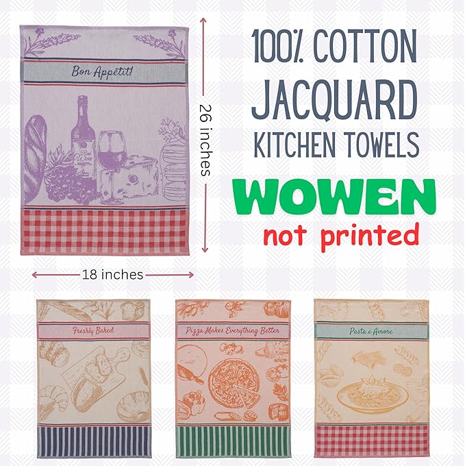 100% Cotton French Jacquard Kitchen Tea Towel Set of 4 - Italian & French Gourmet Kitchen Towels (Gourmet Moments)