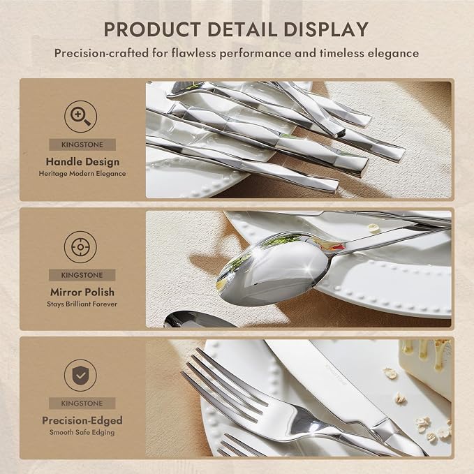 40 Piece 18/10 Silverware Set, Stainless Steel Flatware Cutlery set for 8 | KINGSTONE Luxury Silverware with Diamond Cut Pattern, Mirror Polished Utensils for Kitchen, Wedding, Party, Dishwasher Safe
