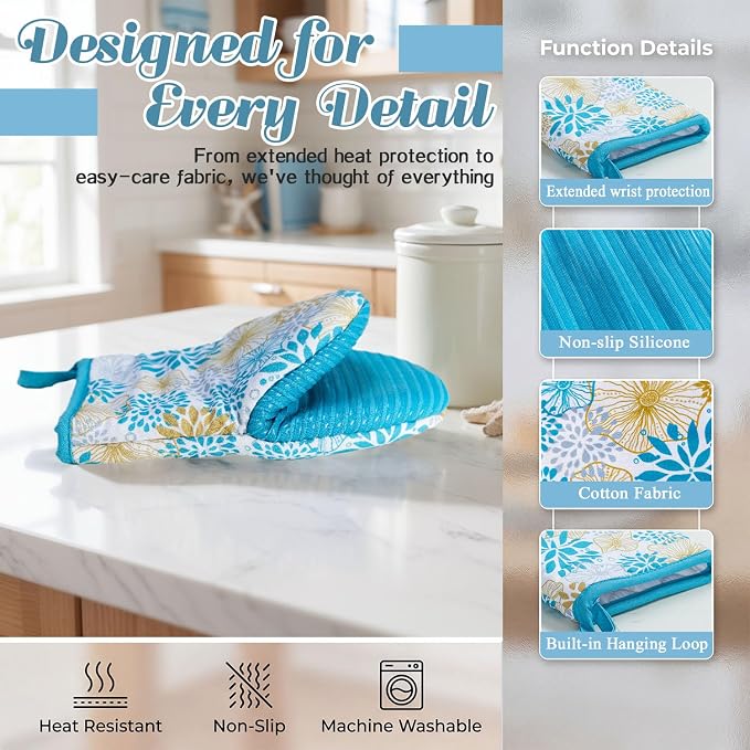 Ribbed Mini Oven Mitts 2-Pack Set, 5.5"x8.5", Teal Mandala Printed, Heavy Duty Cotton, Non-Slip Heat Resistant Soft Silicone Oven Mitts with Hanging Loop for Cooking Kitchen Decor