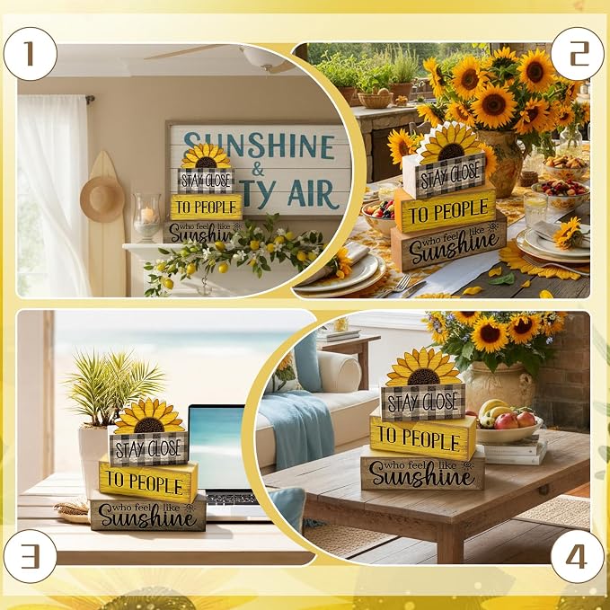 Lineshading 4 Pcs Sunflower Wooden Block Signs Farmhouse Tabletop Decor | Rustic Tiered Tray Decor for Home, Indoor Summer Table Decorations with Inspirational Quote, Farmhouse Gift