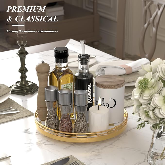 AMH 12-Inch Gold and White Checkerboard Lazy Susan with Metal Rail | Smooth rotating oak tray with walnut finish for dining tables, kitchen counters, pantries and cabinet storage.