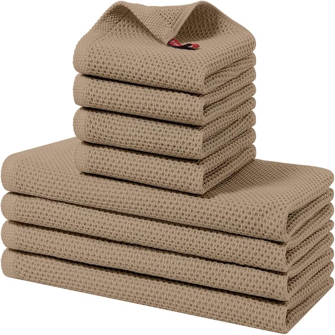 Homaxy 8 Pack 100% Cotton Kitchen Towels and Dishcloths Set, Tan | 12 x 12 Inches and 13 x 28 Inches Kitchen Towels Set, Ultra Soft Absorbent Dish Cloths for Washing Dishes