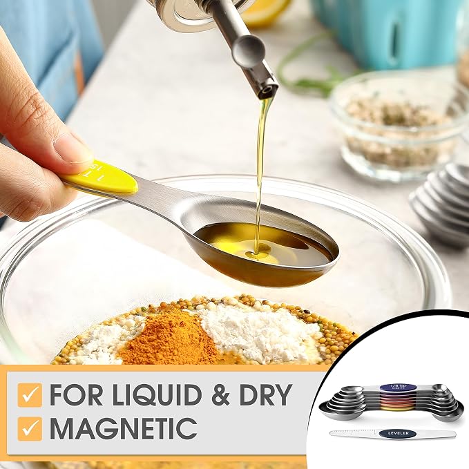 Spring Chef Stainless Steel 8 Magnetic Measuring Spoons, Mountain Sunrise | Nesting Metal Teaspoon & Tablespoon Measuring Spoons with Leveler for Dry & Liquid Ingredients, Dual Sided, Dishwasher Safe