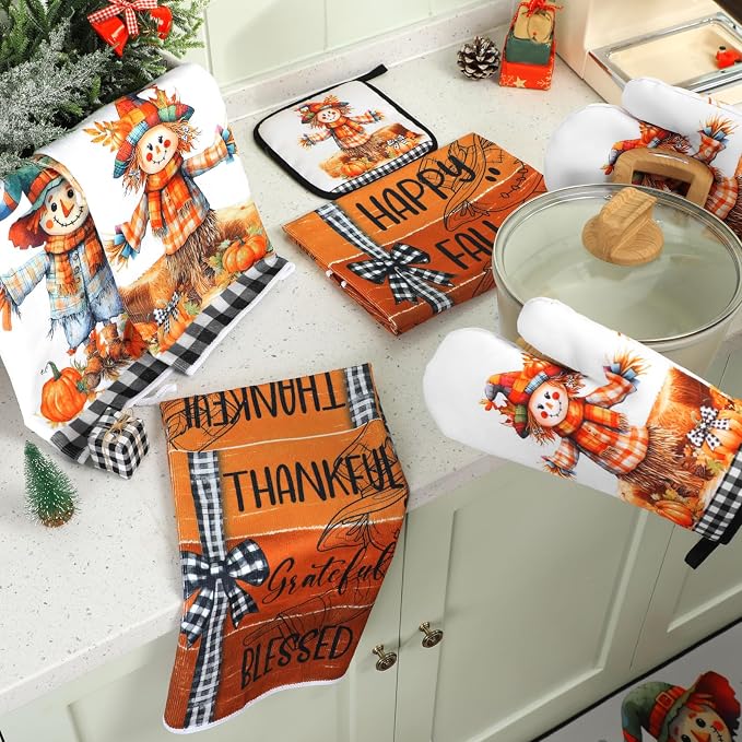 Fanfanwin 10 Pcs Thanksgiving Scarecrow Kitchen Decor Set Kitchen Towels Pot Holders Oven Mitts and Rugs Set Thanksgiving Towels for Baking Cooking BBQ Autumn Home