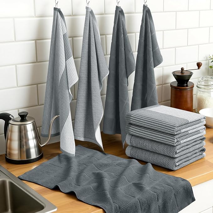 Homaxy 3 Pack Cotton Terry Premium Kitchen Towels, 18 x 28 in, Grey | Large 380 GSM Dish Towels, Highly Absorben Flat & Terry Kitchen Hand Towels, Soft Utility Tea Towel Set with Hanging Loop