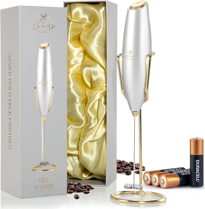 Zulay Kitchen Powerful Milk Frother Wand With Duracell Batteries - Ultra Fast Handheld Drink Mixer - Electric Whisk Foam Maker for Coffee, Lattes, Cappuccino & Matcha - Z1 Motor - Exec Silver Gold