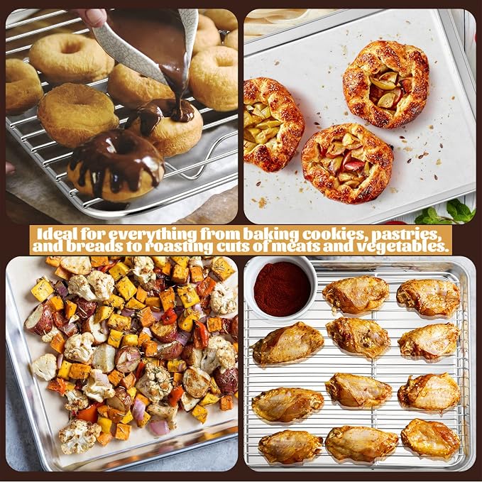 E-far Small Metal Toaster Oven Tray with Rack Set, 9.4”x7.3” Baking Sheet Broiling Pan with Stainless Steel Wire Cooling Rack, Non-Toxic Compact Bakeware for Toaster Oven - Dishwasher Safe