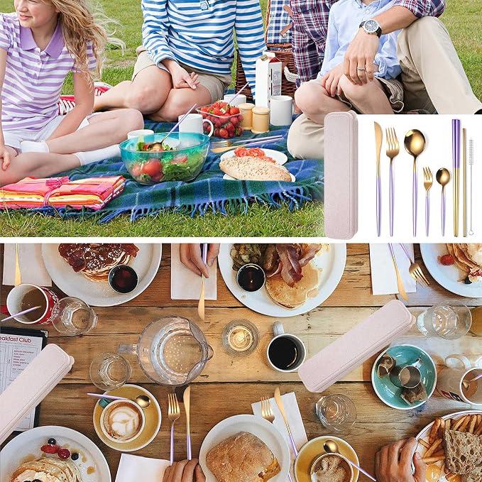 AARAINBOW 8 Pieces Stainless Steel Flatware Set Portable Reusable Cutlery Set Travel Utensils Set Including Chopsticks Knife Fork Spoon Straws Cleaning Brush Dishwasher Safe (Purple Golden)