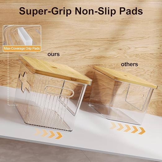2 Pack Trash Bag Holder with Bamboo Lid, Stackable Acrylic Trash Bag Dispenser Roll Holder Under Sink, Plastic Container Garbage Bags Storage Organizer for Kitchen, Pantry, Laundry Room Organization