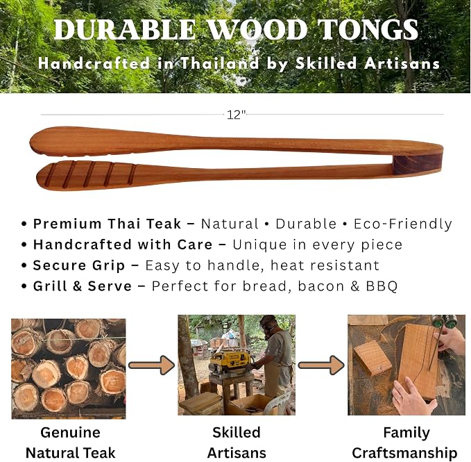 SarnThai Wood Tongs for Cooking, 12 Inch Handcrafted Teak Wood Toaster Tongs for Bread, BBQ, Meat, Salad, Pasta, Kitchen Serving