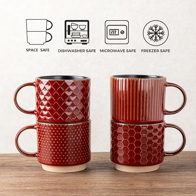 GBhome 12 OZ Stackable Coffee Mugs Set of 4, Ceramic Coffee Cups Set | 4 Assorted Designs, Embossed Mugs with Texture Patterns for Tea/Coffee, Dishwasher&Microwave Safe, Red