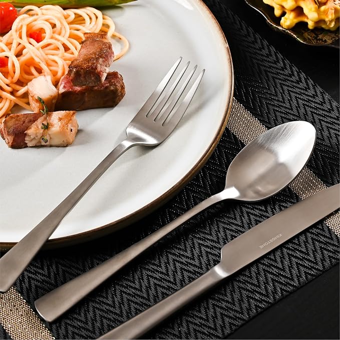 30-Piece Silverware Set, 18/10 Stainless Steel Flatware Set for 6, Matte Satin Finish Forged Cutlery Set Dishwasher Safe | KINGSTONE Forged Flatware Cutlery Set, Mirror Polished Knives Fork and Spoon Utensils, Dishwaher Safe for Home Wedding Party