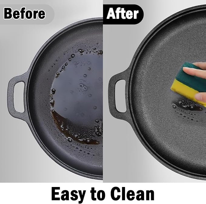 13.8 Inch Cast Iron Pizza Pan - Round Comal for Even Heating - Works on Oven, Grill & Campfire, Heavy-Duty Cast Iron Pizza Stone with Dual Handles
