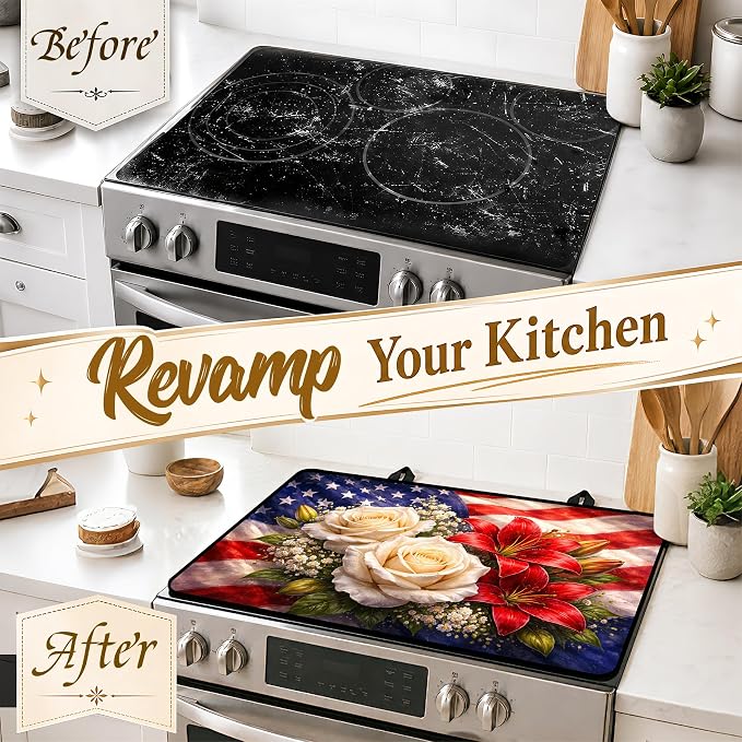 Patriotic Electric Stove Top Cover | Heat Resistant Glass Cooktop Protector for Kitchen Ceramic Countertops, Multiuse Stove Cover and Dish Drying Mat