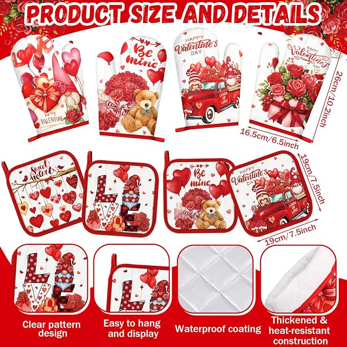 SiliFine 12 Pcs Valentines Day Kitchen Towels Pot Holders and Oven Mitts Set 4 Sweet Heart Gnomes Dish Towels 4 Love Oven Mitts 4 Romantic Red Rose Potholders for Xmas Dish Baking Decorative