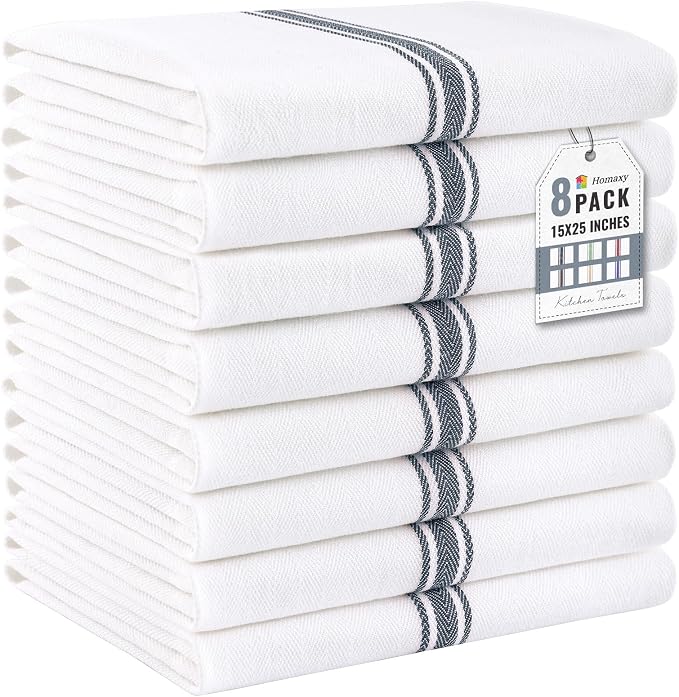 Homaxy 100% Ring Spun Cotton Kitchen Towels 8 Pack, Slate Gray Stripe | 15 x 25 Inch, Highly Absorbent Dish Towels for Kitchen Drying, Reusable Cleaning Cloths, Soft Tea Towels with Hanging Loop